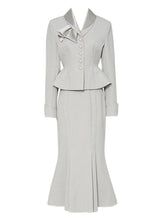 Load image into Gallery viewer, 2PS Grey Wasp Waist Women&#39;s Top And Wrap Fishtail Skirt Suit
