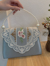 Load image into Gallery viewer, 1950S Blue Embroidered Rose Vintage Pearl Handbag Satin Banquet Bag