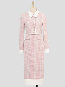 Pastel Pink Lapel Long Sleeve Tweed 1960S Dress