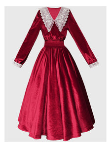 Vinatge Red Lace Long Sleeve Swing Velvet Dress