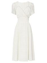 Load image into Gallery viewer, White Bud Sleeve Pearl Square Neck Chiffon 1950S Vintage Dress