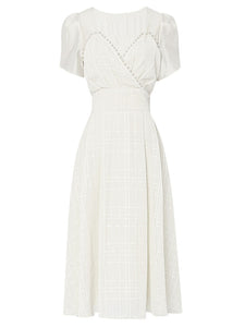 White Bud Sleeve Pearl Square Neck Chiffon 1950S Vintage Dress