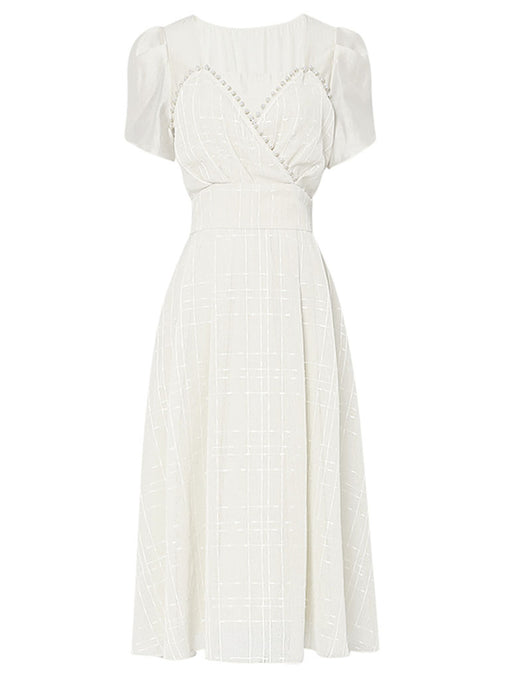 White Bud Sleeve Pearl Square Neck Chiffon 1950S Vintage Dress