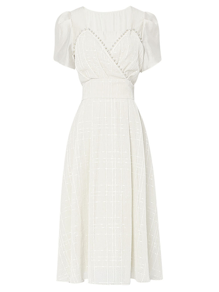 White Bud Sleeve Pearl Square Neck Chiffon 1950S Vintage Dress