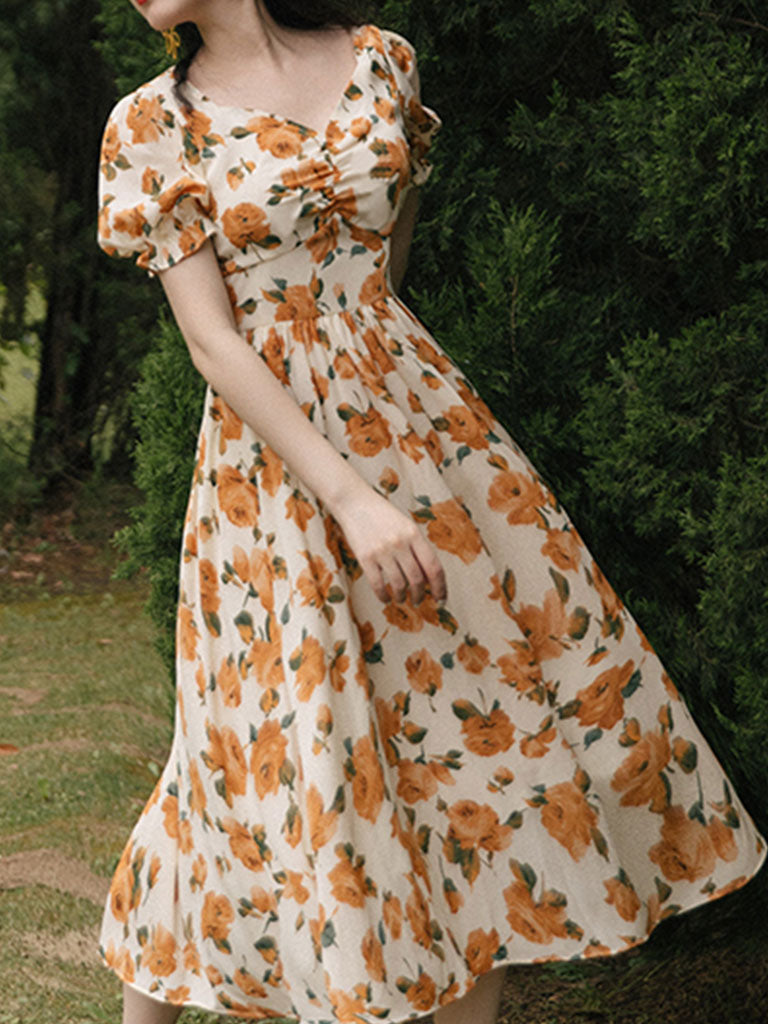 Orange Rose Sweet Heart Collar Puff Sleeve 1950s Vintage Dress, Orange / M