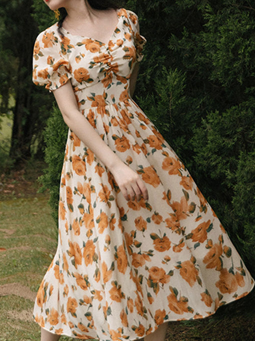 Orange Rose Sweet Heart Collar Puff Sleeve 1950S Vintage Dress