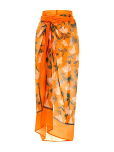 Orange Retro Floral Print Bikini With Bathing Suit Wrap Skirt