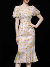 Load image into Gallery viewer, Orange V Neck Puff Sleeve Princess Mermaid 1960S Dress