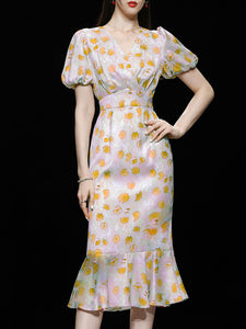 Orange V Neck Puff Sleeve Princess Mermaid 1960S Dress