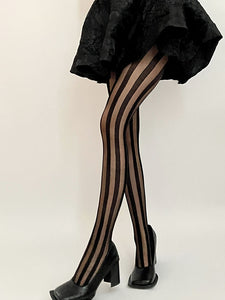 Solid Color Black Lace Stripe Sheer Thigh High Stockings