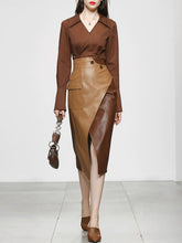 Load image into Gallery viewer, 2PS Brown 1950S Vintage V Neck Classic Top And Brown Irregular Pu Skirt Suit