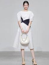 Load image into Gallery viewer, White Puff Sleeve Waist Black Knotted Audrey Hepburn&#39;s 1950S Dress