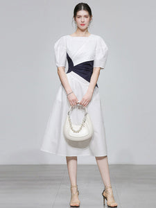 White Puff Sleeve Waist Black Knotted Audrey Hepburn's 1950S Dress