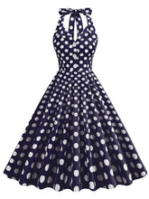 Load image into Gallery viewer, Green And White Polka Dots Pockets Vintage Halter 1950S Dress With Button