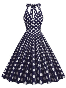 Green And White Polka Dots Pockets Vintage Halter 1950S Dress With Button