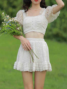 2PS White Lace Fairy Vintage Two Piece Bikinis Swimwear Bathing Suit