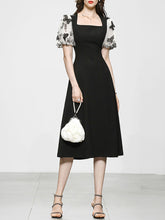 Load image into Gallery viewer, Black Butterfly Puff Sleeve Audrey Hepburn Style 50S Dress