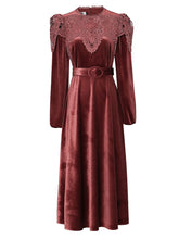 Load image into Gallery viewer, Red Crew Neck Velvet Puff Sleeve 1950S Vintage Dress With Belt