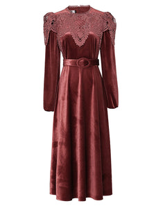 Red Crew Neck Velvet Puff Sleeve 1950S Vintage Dress With Belt