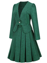 Load image into Gallery viewer, 1950S  Green Houndstooth Long Sleeve Vintage Blazer Swing Dress Set