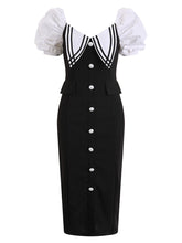 Load image into Gallery viewer, Black Puff Sleeve Buttons Pencil Dress