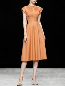 Orange Pleated Cap Sleeve Audrey Hepburn Style 50S Dress