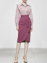 Load image into Gallery viewer, 2PS Pink Vertical Stripes 1950S Vintage Classic Top And Rose High Waist Skirt Suit
