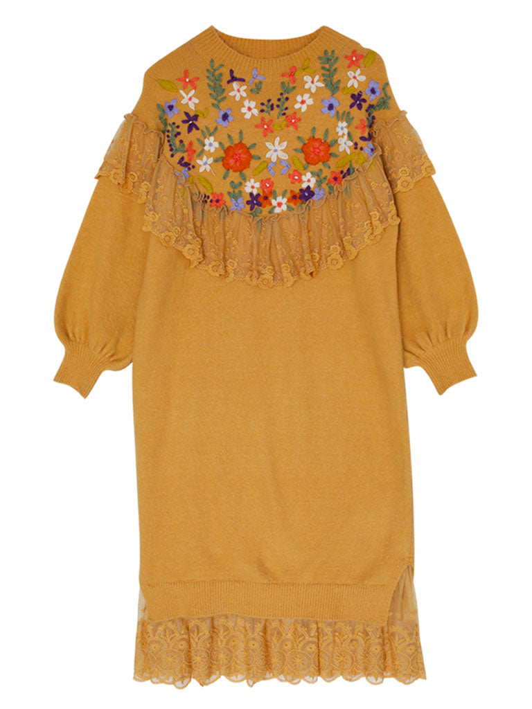 Embroidered Flower Puff Sleeve Vintage Knitting Sweater Dress, Orange / One Size