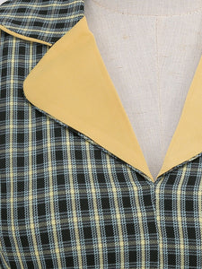 1950S Green Turn Down Collar Plaid Long Sleeve Vintage Swing Dress