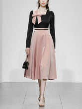 Load image into Gallery viewer, Pink And Black Square Collar Bowknot 1950S Hepburn Style Outfits Vintage Swing Dress