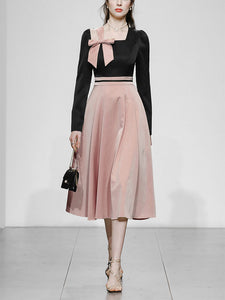 Pink And Black Square Collar Bowknot 1950S Hepburn Style Outfits Vintage Swing Dress