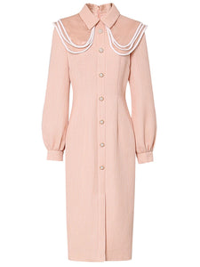 Orange Pink Peter Pan Collar Retro Swing Tweed Dress With Long Sleeve For Winter