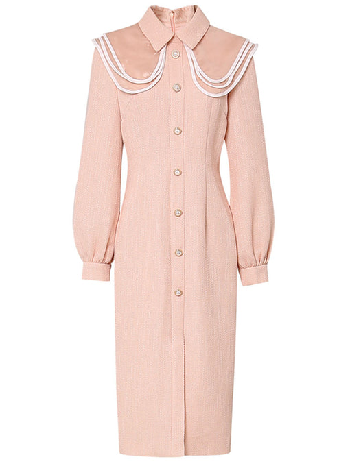 Orange Pink Peter Pan Collar Retro Swing Tweed Dress With Long Sleeve For Winter