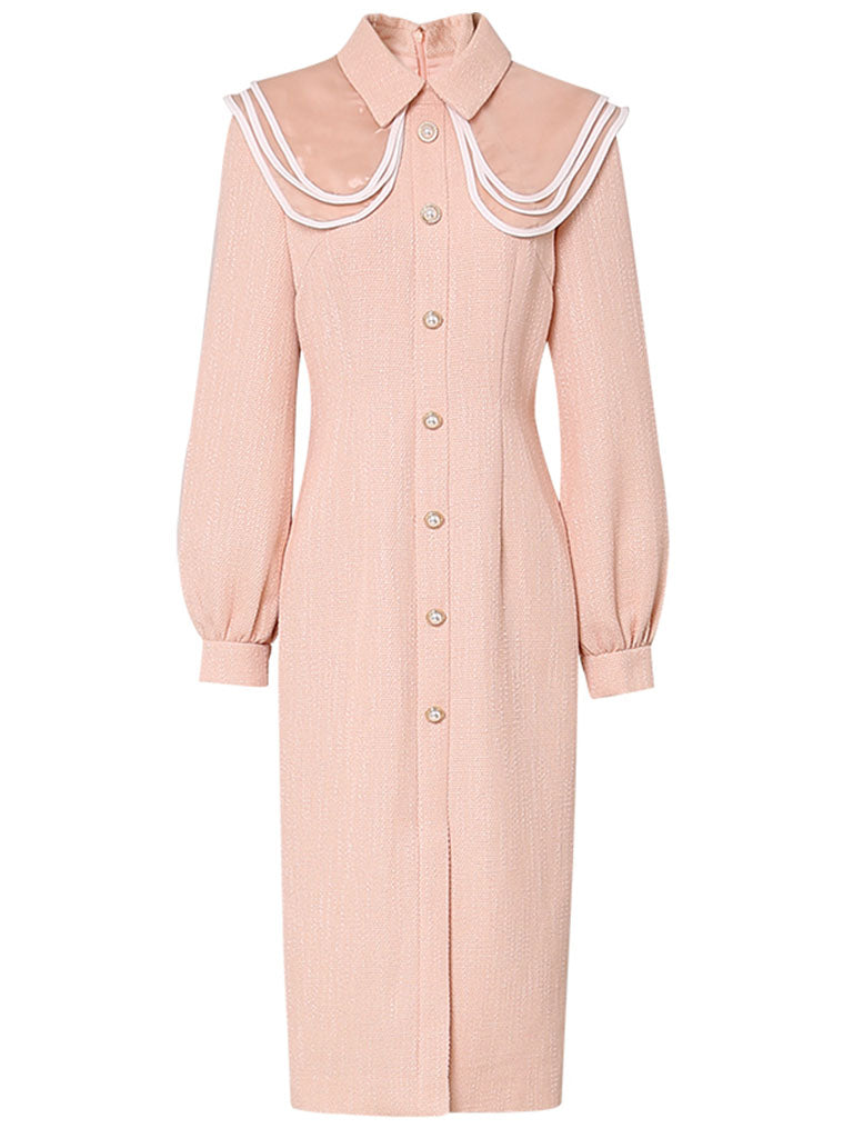 Orange Pink Peter Pan Collar Retro Swing Tweed Dress With Long Sleeve For Winter