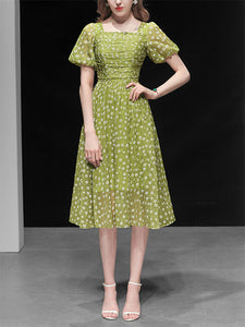 Green Daisy Puff Greenery Chiffon 1950S Vintage Dress