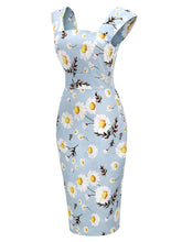 Load image into Gallery viewer, Blue Daisy Square Collar 1960S Bodycon Dress