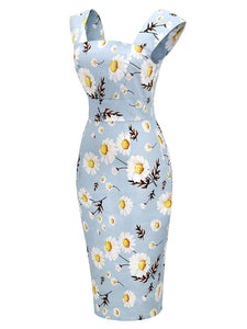 Blue Daisy Square Collar 1960S Bodycon Dress