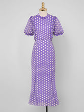 Load image into Gallery viewer, Blue Polka Dots Puff Sleeve Vintage Chiffon Dress