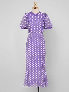 Blue Polka Dots Puff Sleeve Vintage Chiffon Dress