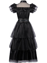 Load image into Gallery viewer, Black Ruffles Gothic Style Organza Vintage Dress Wednesday Dress With Belt