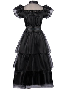 Black Ruffles Gothic Style Organza Vintage Dress Wednesday Dress With Belt