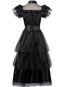 Black Ruffles Gothic Style Organza Vintage Dress Wednesday Dress With Belt For Kid