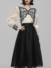 Load image into Gallery viewer, 2PS White Butterfly Long Sleeve Top And Black Swing Skirt Suit