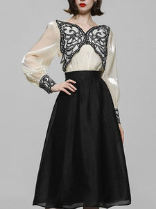 2PS White Butterfly Long Sleeve Top And Black Swing Skirt Suit
