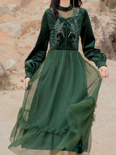 Load image into Gallery viewer, Emeral Green Semi Sheer Long Sleeve 1950S Velvet Vintage Dress