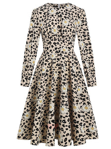 Leopard Daisy Long Sleeve High Waist 1950S Vintage Dress