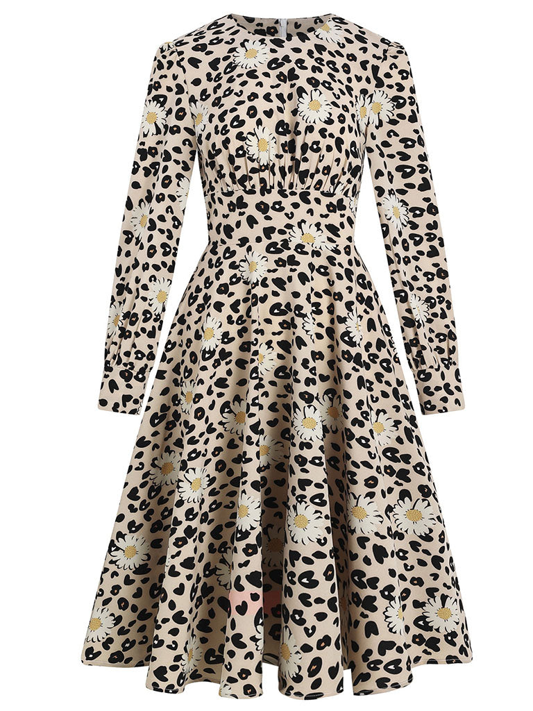 Leopard Daisy Long Sleeve High Waist 1950S Vintage Dress