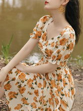 Load image into Gallery viewer, Orange Rose Sweet Heart Collar Puff Sleeve 1950S Vintage Dress