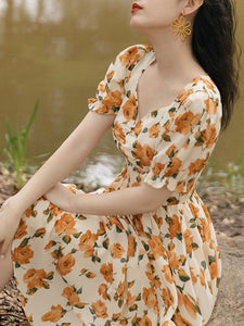 Orange Rose Sweet Heart Collar Puff Sleeve 1950S Vintage Dress