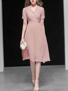 Pink V Neck Splicing High Waist Pleated 1950S Chiffon Dress